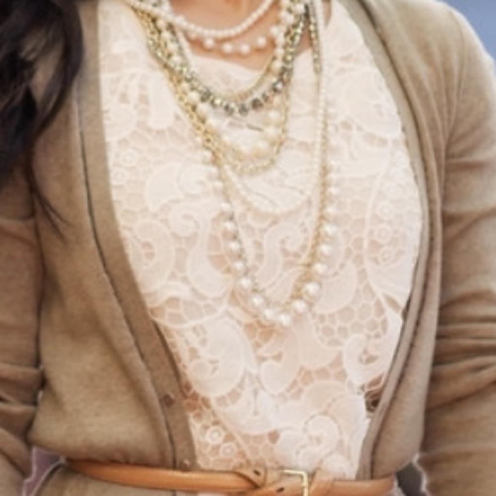 Ann Taylor Beige Crochet Front Overlay Top